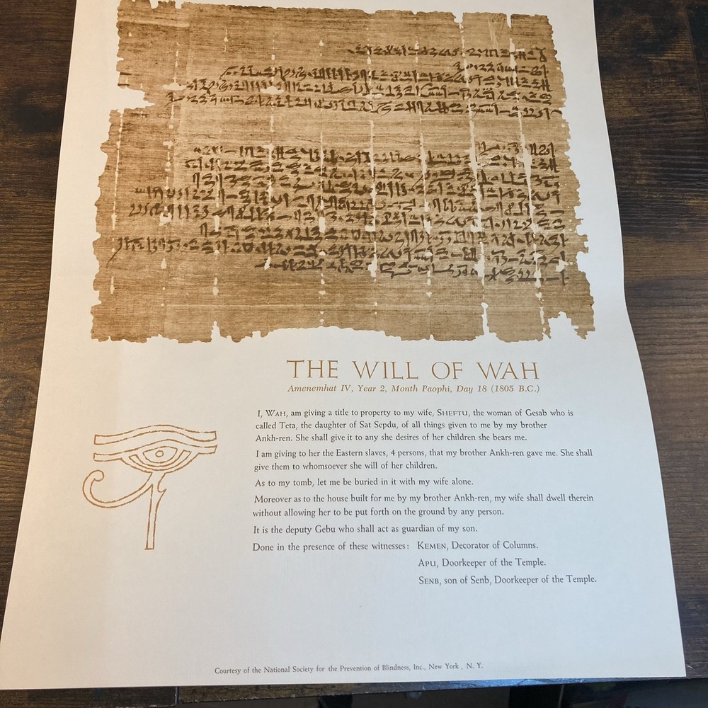 Ancient Egyptian Will‎ of Wah Poster 1805 BC Law & Women's Rights Hieroglyphics